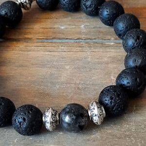 Labradorite & Lava Rock Beaded Stretch Bracelet
